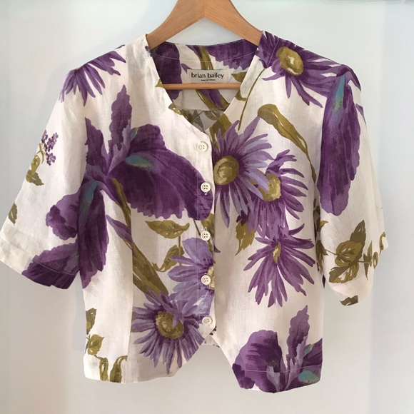 Vintage floral linen Brian Bailey button front top Size 12 - Picture 1 of 16